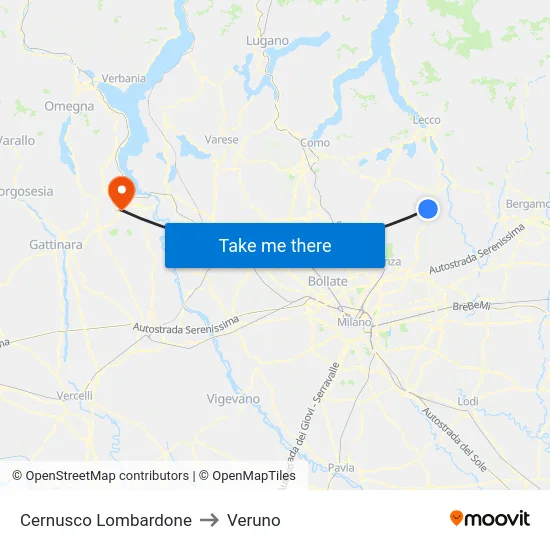 Cernusco Lombardone to Veruno map