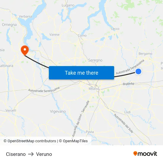 Ciserano to Veruno map