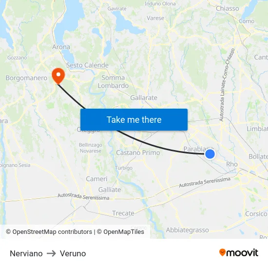Nerviano to Veruno map