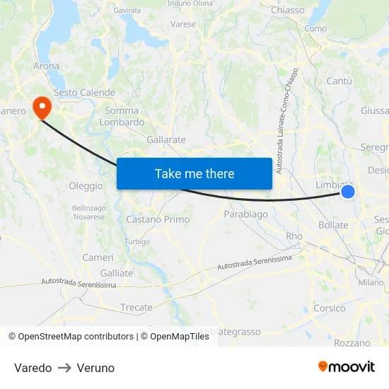 Varedo to Veruno map