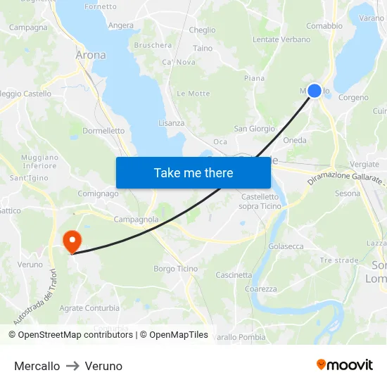 Mercallo to Veruno map