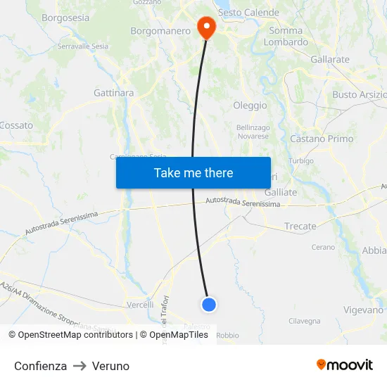 Confienza to Veruno map