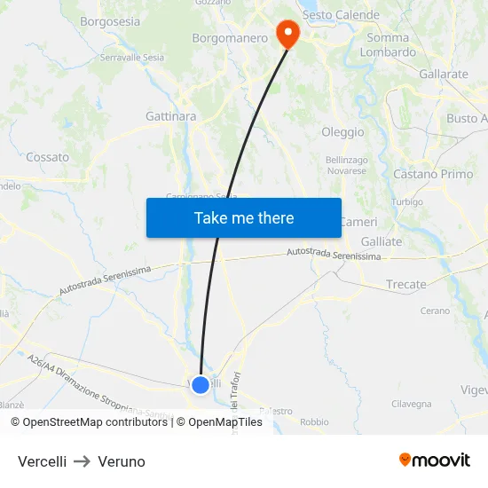 Vercelli to Veruno map