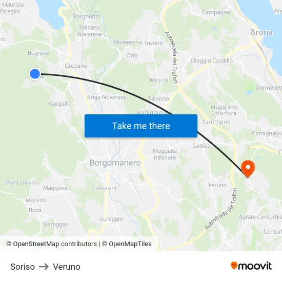 Soriso to Veruno map