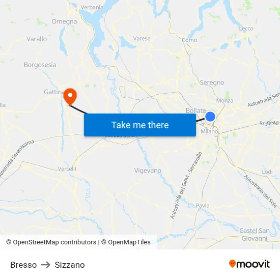 Bresso to Sizzano map