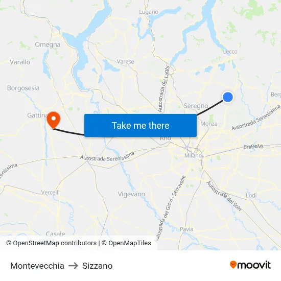 Montevecchia to Sizzano map