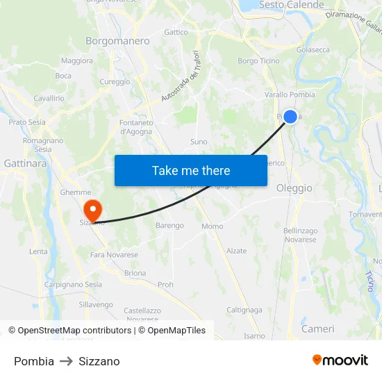 Pombia to Sizzano map