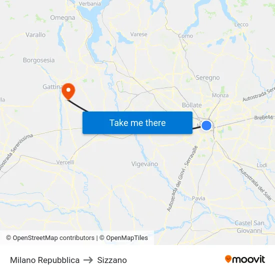 Milan Repubblica to Sizzano map