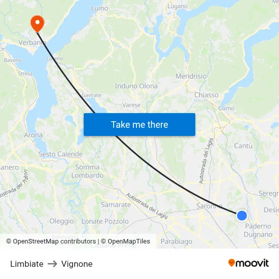 Limbiate to Vignone map