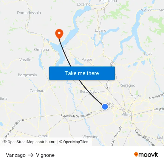 Vanzago to Vignone map