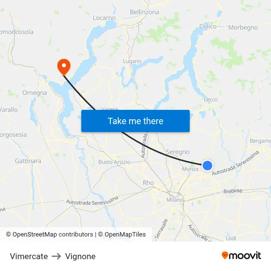 Vimercate to Vignone map