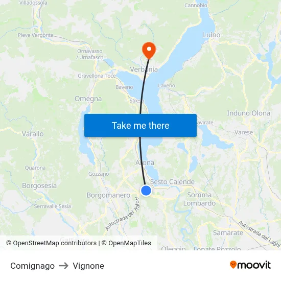Comignago to Vignone map
