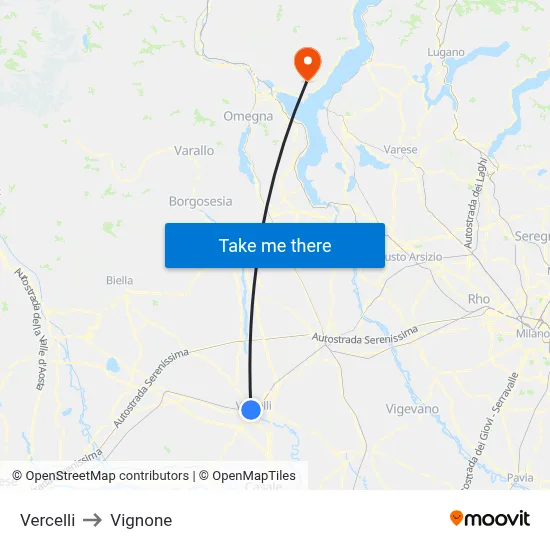 Vercelli to Vignone map