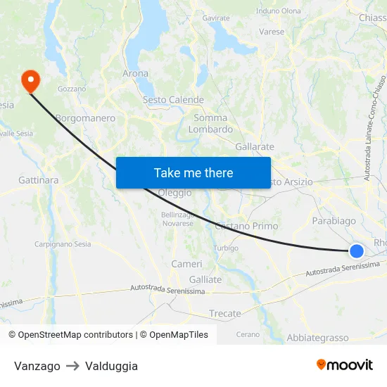 Vanzago to Valduggia map