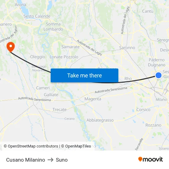 Cusano Milanino to Suno map