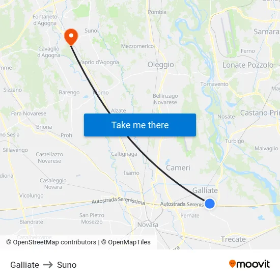Galliate to Suno map