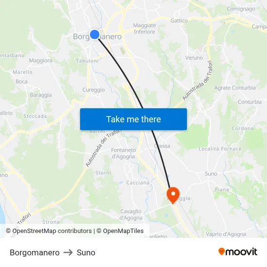 Borgomanero to Suno map