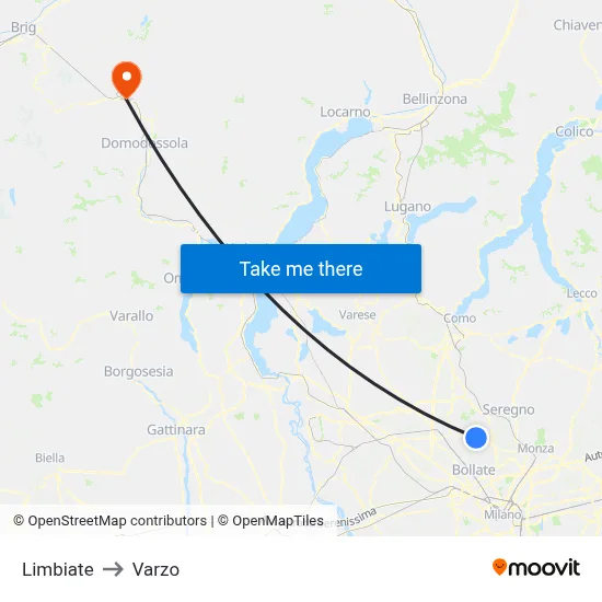 Limbiate to Varzo map
