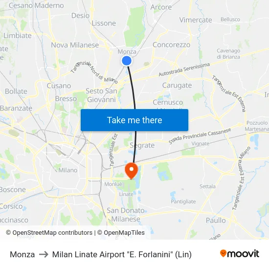 Monza to Milan Linate Airport "E. Forlanini" (Lin) map