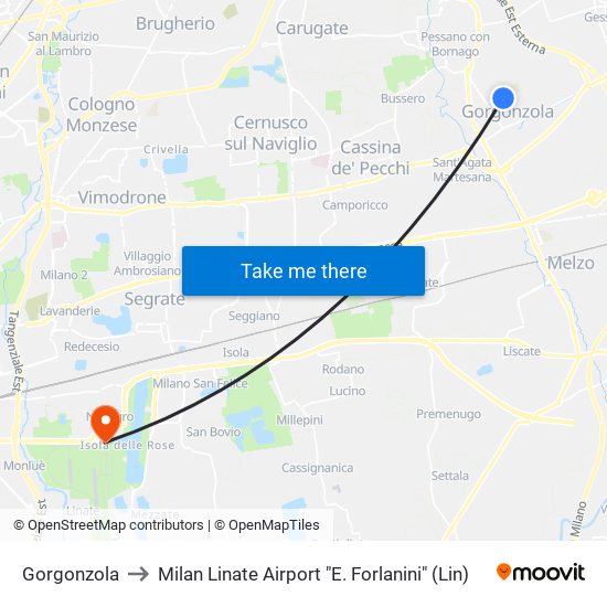 Gorgonzola to Milan Linate Airport "E. Forlanini" (Lin) map