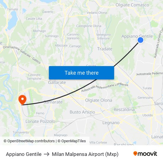 Appiano Gentile to Milan Malpensa Airport (Mxp) map