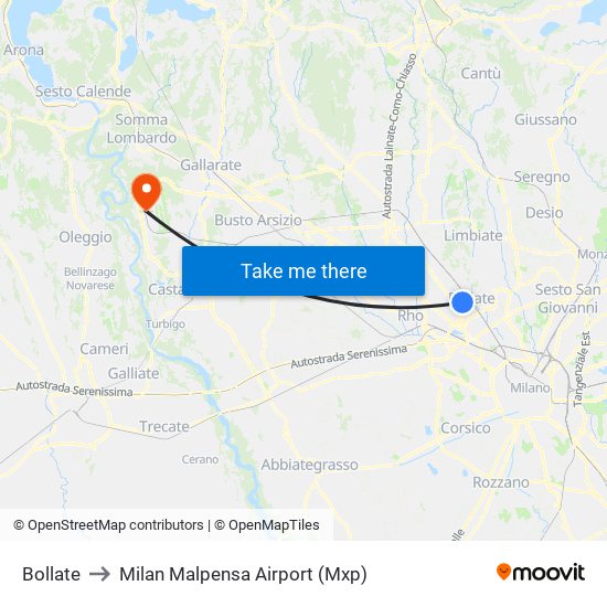 Bollate to Milan Malpensa Airport (Mxp) map