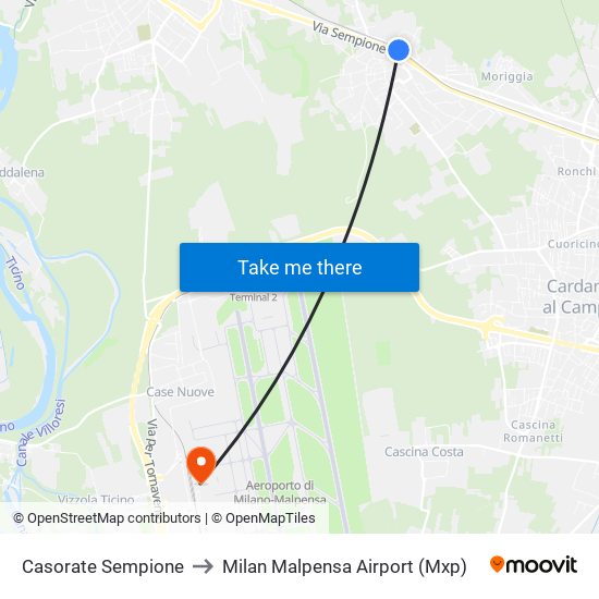 Casorate Sempione to Milan Malpensa Airport (Mxp) map