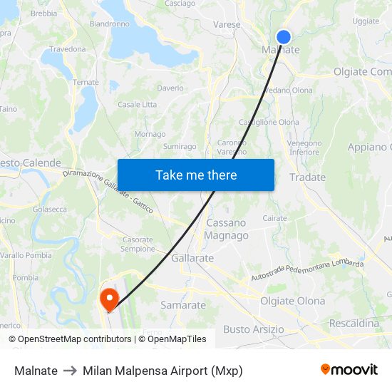 Malnate to Milan Malpensa Airport (Mxp) map