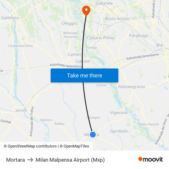 Mortara to Milan Malpensa Airport (Mxp) map