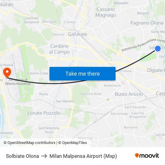 Solbiate Olona to Milan Malpensa Airport (Mxp) map