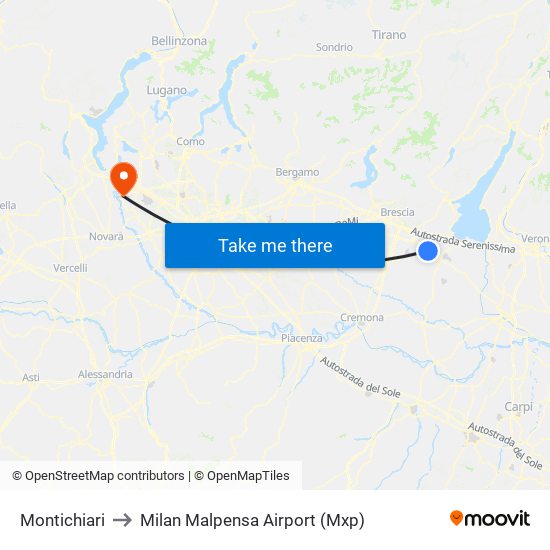 Montichiari to Milan Malpensa Airport (Mxp) map