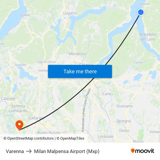 Varenna to Milan Malpensa Airport (Mxp) map