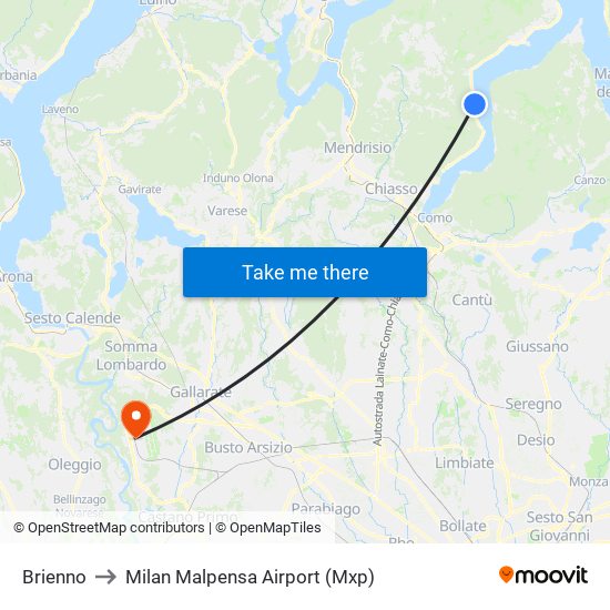 Brienno to Milan Malpensa Airport (Mxp) map