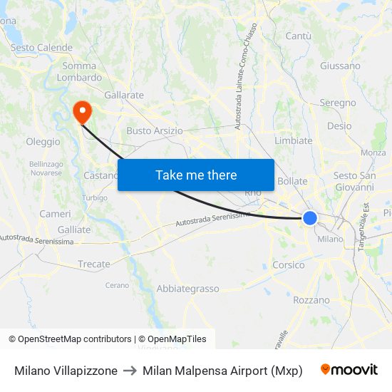 Milano Villapizzone to Milan Malpensa Airport (Mxp) map