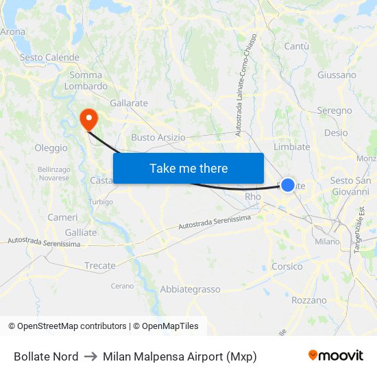 Bollate Nord to Milan Malpensa Airport (Mxp) map