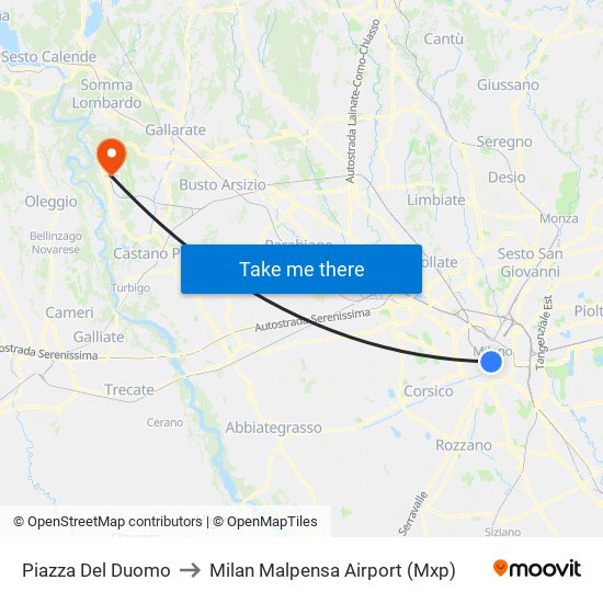 Piazza Del Duomo to Milan Malpensa Airport (Mxp) map