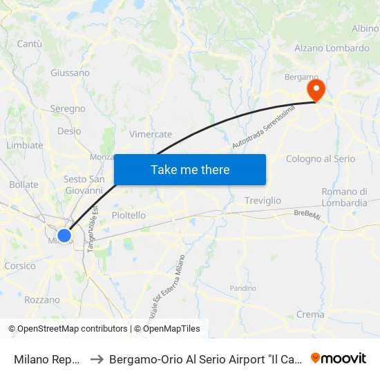 Milano Repubblica to Bergamo-Orio Al Serio Airport "Il Caravaggio" (Bgy) map