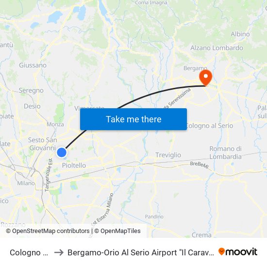 Cologno Nord to Bergamo-Orio Al Serio Airport "Il Caravaggio" (Bgy) map