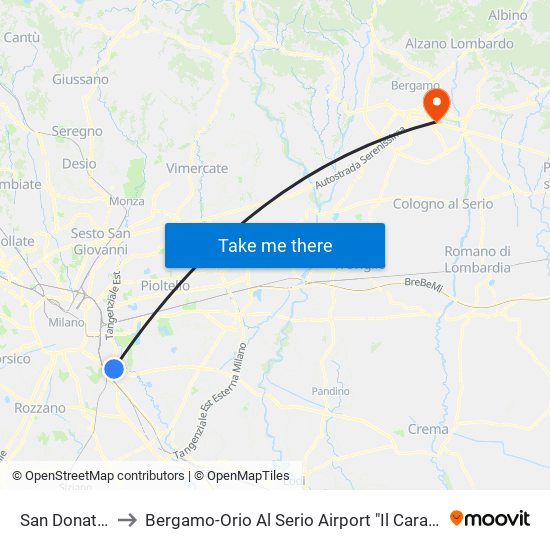 San Donato M3 to Bergamo-Orio Al Serio Airport "Il Caravaggio" (Bgy) map