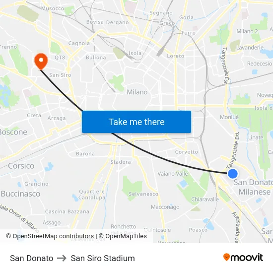San Donato to San Siro Stadium map