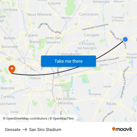Gessate to San Siro Stadium map
