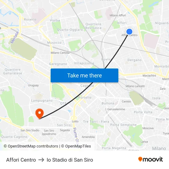 Affori Centro to lo Stadio di San Siro map