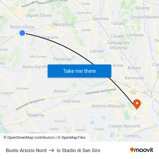 Busto Arsizio Nord to lo Stadio di San Siro map