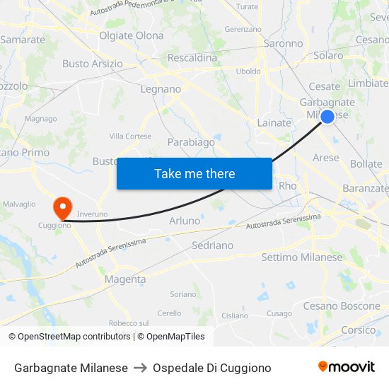 Garbagnate Milanese to Ospedale Di Cuggiono map