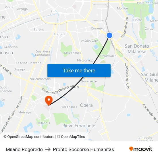 Milan Rogoredo to Humanitas Emergency Room map