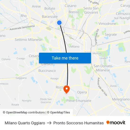 Milan Quarto Oggiaro to Humanitas Emergency Room map