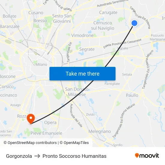 Gorgonzola to Pronto Soccorso Humanitas map