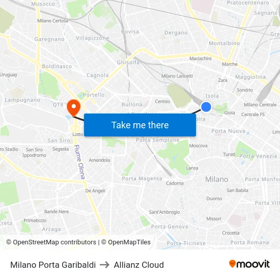 Milano Porta Garibaldi to Allianz Cloud map