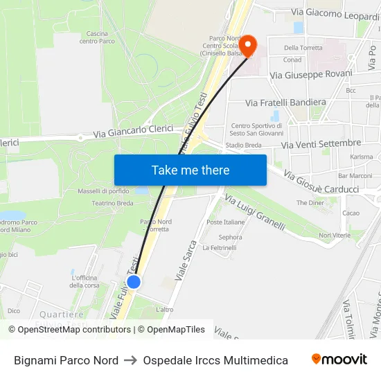 Bignami Parco Nord to Ospedale Irccs Multimedica map