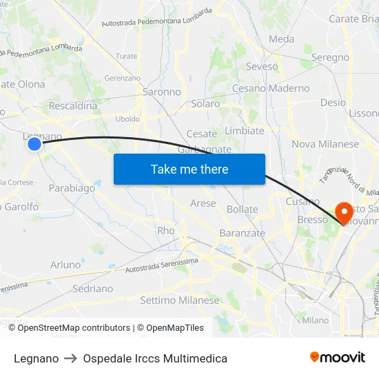 Legnano to Ospedale Irccs Multimedica map
